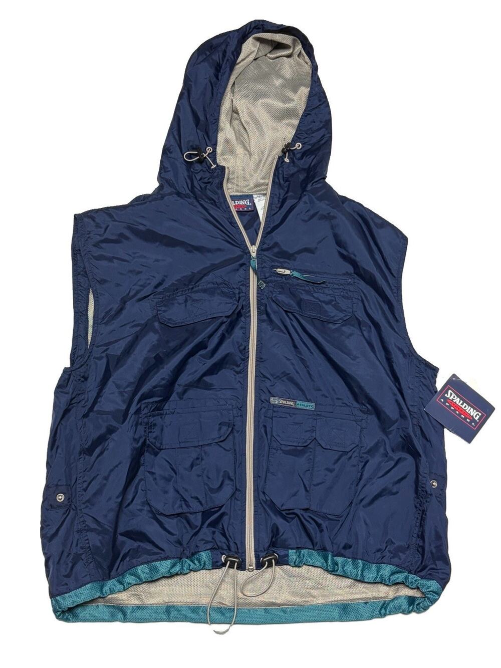 VINTAGE Spalding Jacket Adult XL Sleeveless Navy Windbreaker Hooded Mens 90s NEW